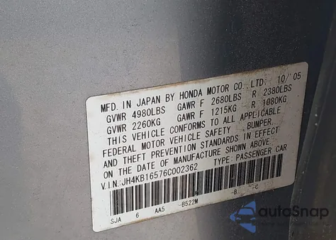 2006 Acura Rl 3.5 from USA, damaged, VIN JH4KB16576C002362